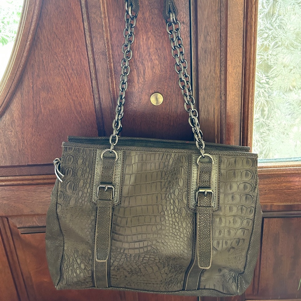 Faux Leather Gray Brown Purse with Chain Strap